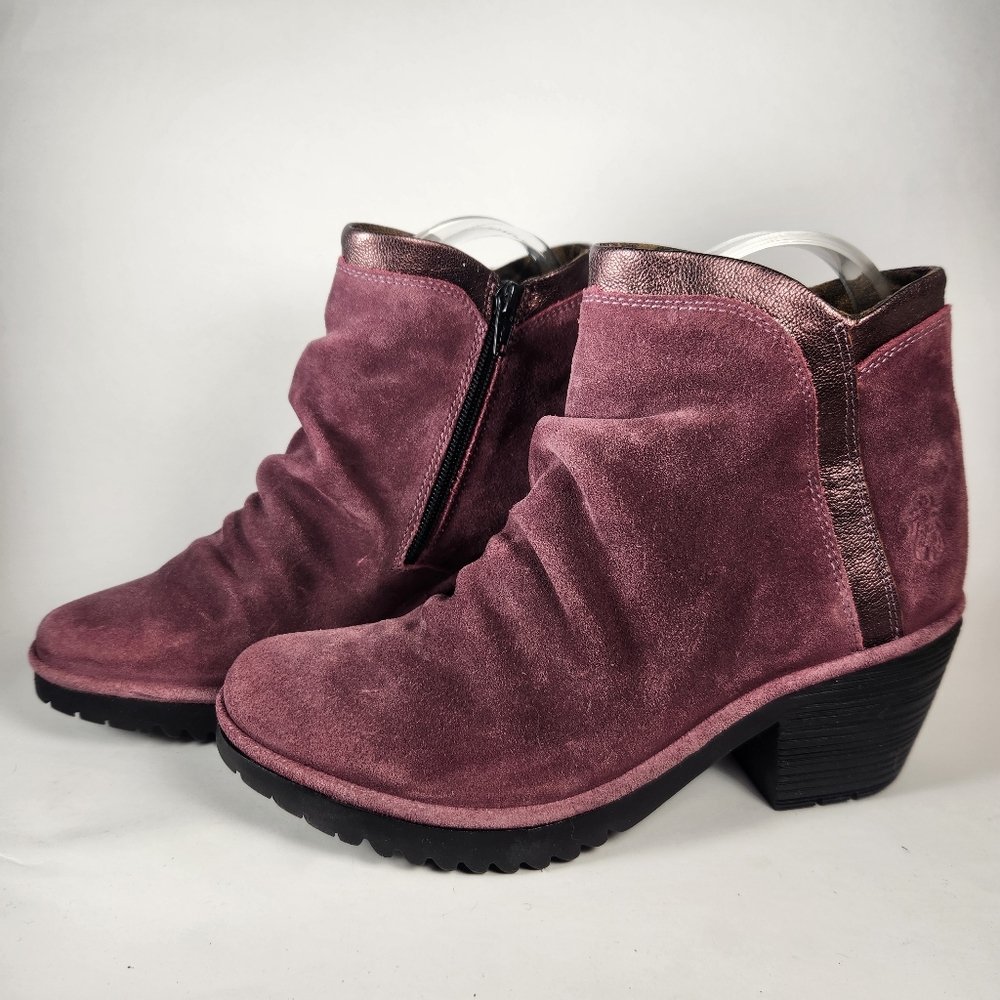 FLY LONDON Women's Wynn Ankle Boots Size 7 EU 38 Burgundy Wine Suede